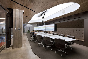 office interior design with wooden texture ceiling and walls